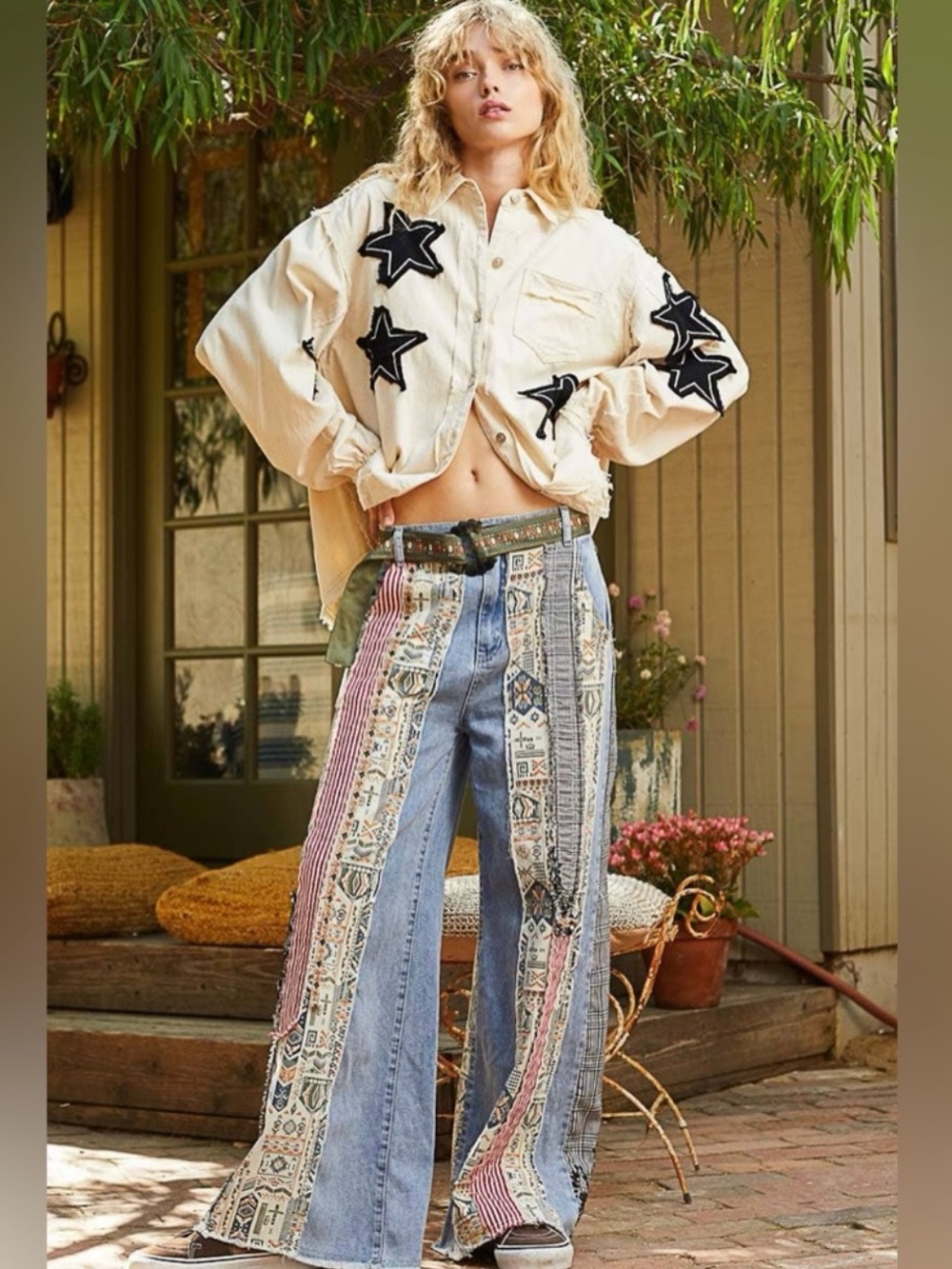 New: POL “Be Legendary” Bohemian Mixed Patchwork Wide Leg Jeans• Large - Picture 4 of 8